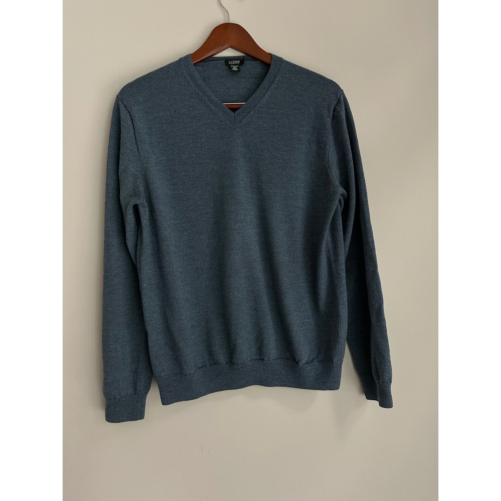 J Crew Mens Blue V Neck Long Sleeve Merino Pure Wool Sweater Size L
